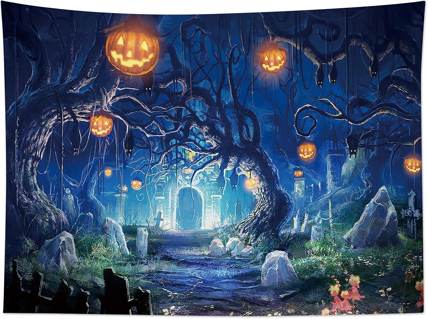 Tapestries - HVEST Halloween Tapestry Night Tapestry Wall Hanging Haunted Woods with Grave and Pumpkins Wall Blanket for Bedroom Living Room Dorm Decor,80W X 60H inches