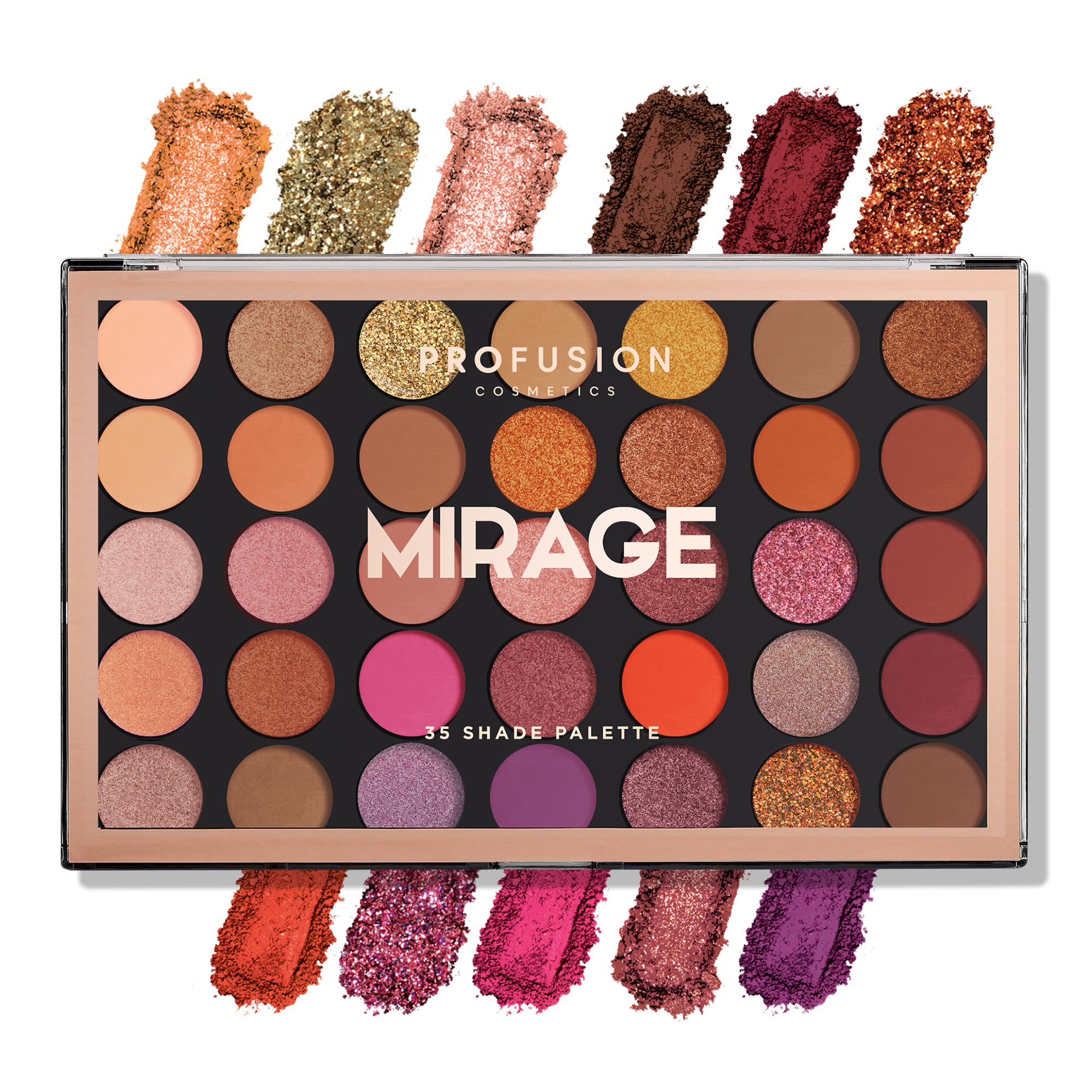 Profusion Cosmetics Mirage 35 Shade Master Eyeshadow Palette (multi-finish neutrals, warm browns, array of amber and maroon hues)