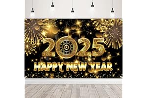 ACPOPBM Happy New Year Backdrop, 72 x 44 Inch Large Happy New Year Banner 2025 Black Gold Background Banners for New Years Decorations 2025