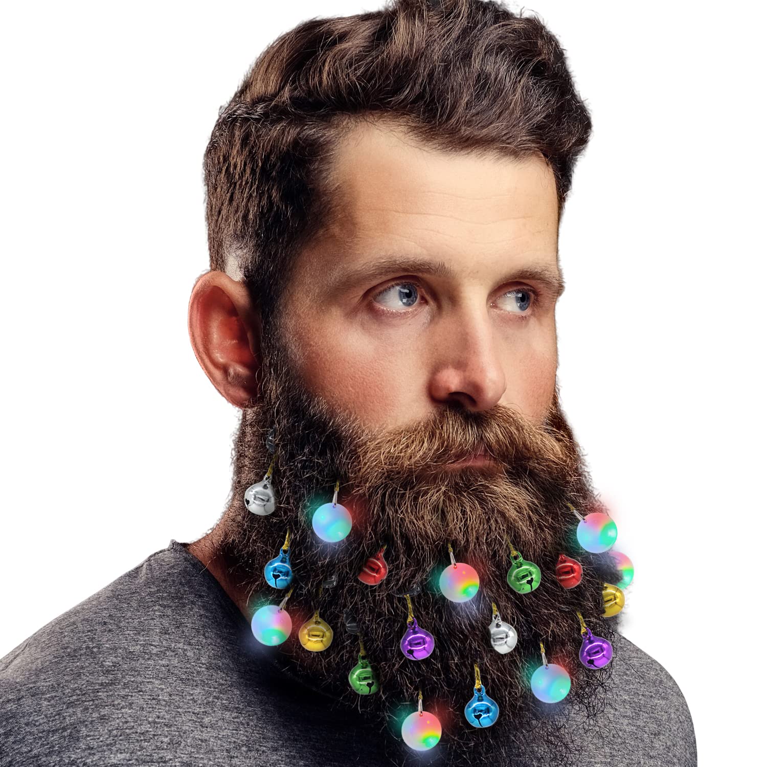 DecoTiny Upgraded Lighting Up Beard Lights Ornaments, 8 Pcs Beard Lights and 12 Pcs Colorful Sounding Jingle Bells, Great Christmas and New Year Gift for Husband