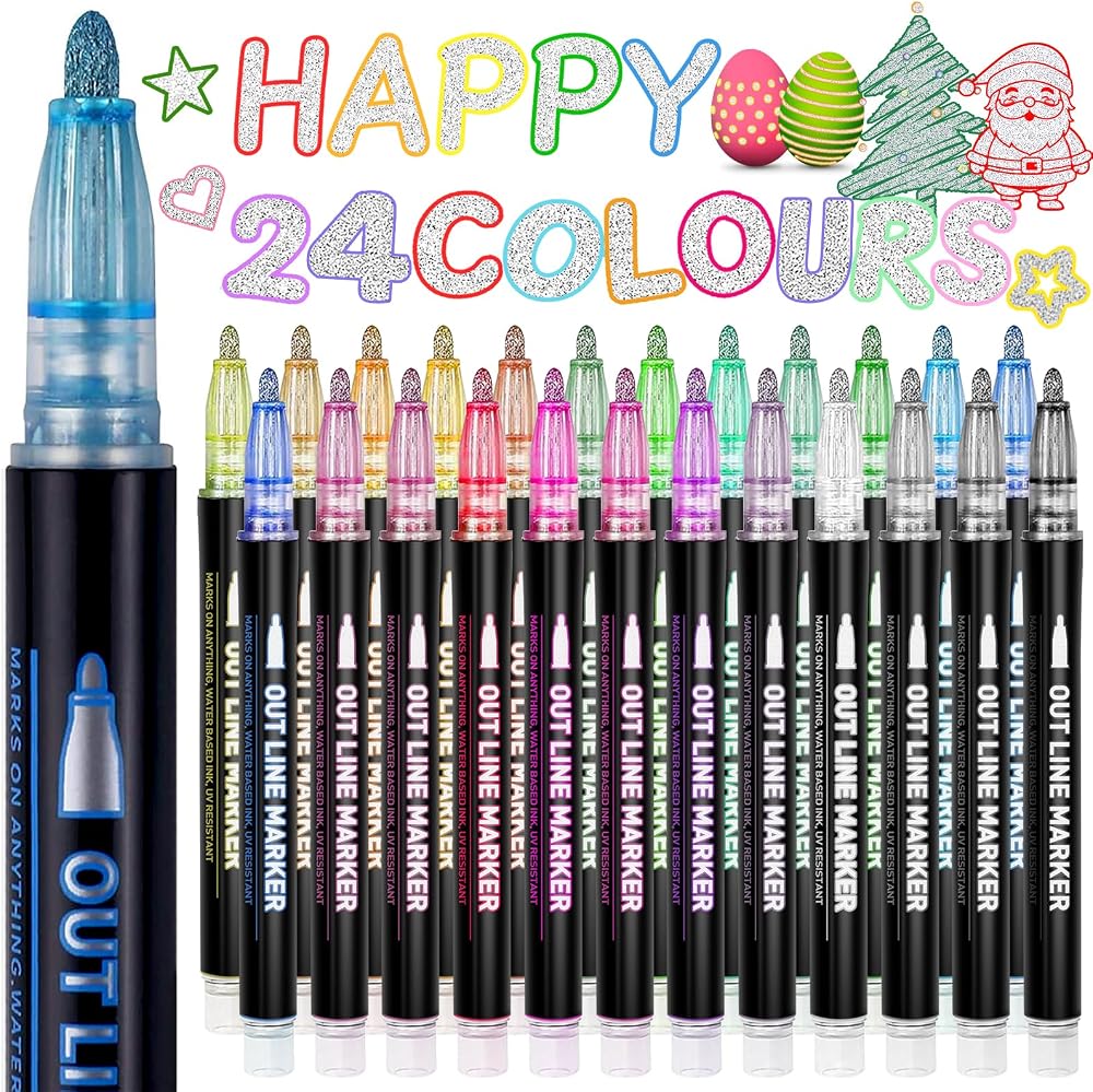 Lenski Glitter Pens 24 Colors Outline Markers for Kids Arts Craft Gift