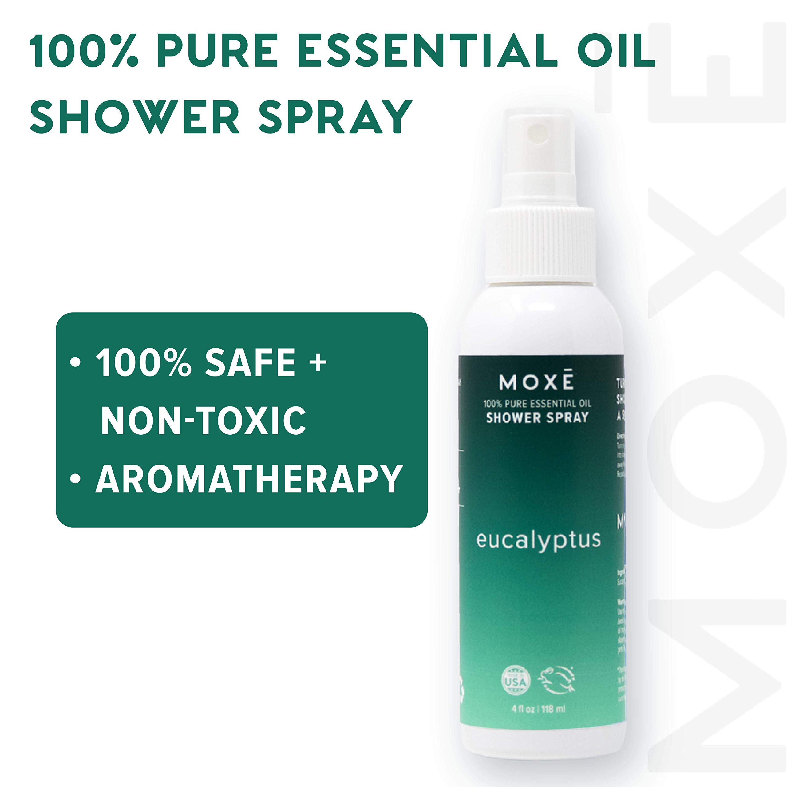 MOXĒ Eucalyptus Oil Shower Mist, Spa Steam Spray, Certified Natural 100% Essential Oils, Made in USA, Aromatherapy, Sinus Congestion Relief, Tension Relief, 4 Ounces