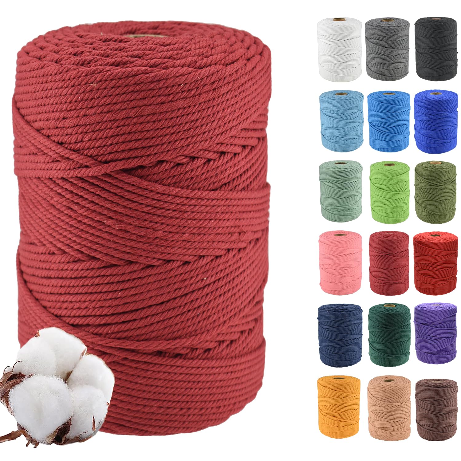 Klhamky 4mm×300m Macrame Cotton Cord, Soft 4 Strand Twisted 100% Natural Cotton for Handmade Wall Hanging, DIY, Craft Making, Knitting, Plant Hangers, Decorative Projects (4mm×300m, Wine Red)