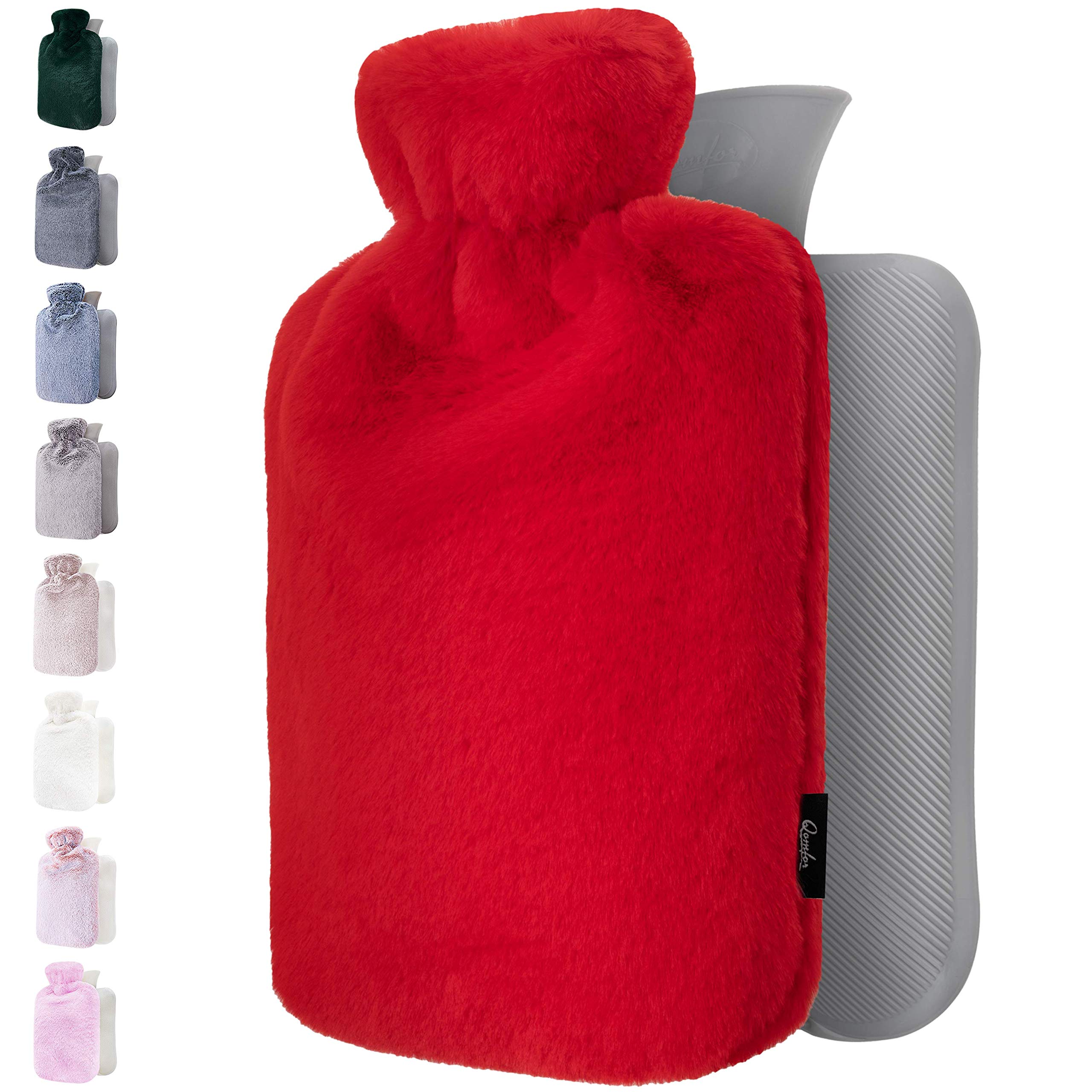 Qomfor Hot Water Bottle with Fluffy Cover - Soft Premium Faux Fur Cover - 1.8l Large Capacity - Hot Water Bag for Cosy Nights, Pain Relief, Back, Neck and Shoulders - Great Gift for Women (Red)