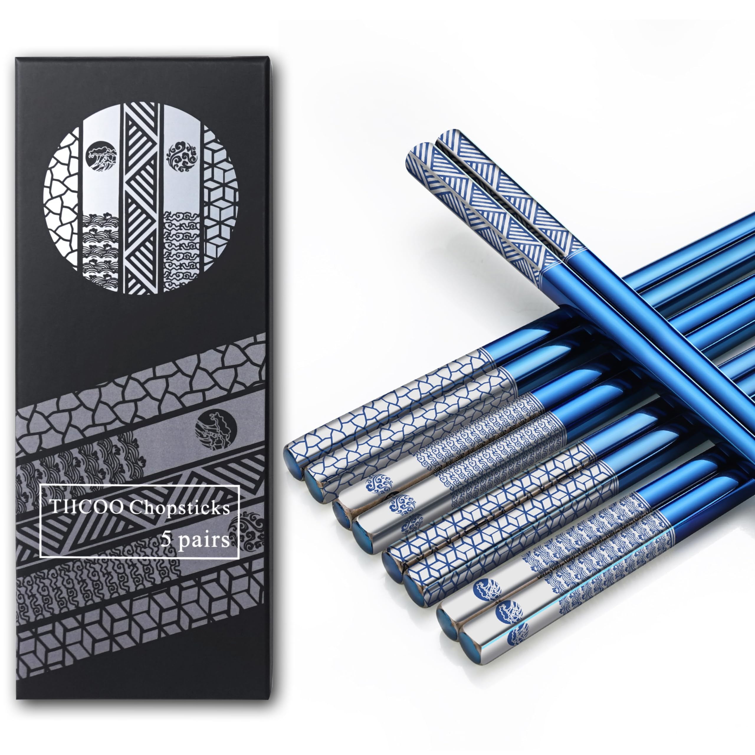 Photo 1 of TIICOO Metal Chopsticks - Reusable 18/8 Stainless Steel, Titanium Laser Engraved - Premium Lightweight Japanese Korean Chopsticks - Dishwasher Safe - 5 Pairs Gift Set (Blue)
