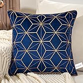 Aeckself Navy Blue Velvet Pillow Cover 20 x 20 Inch, Luxury Modern Square Gold Plaid Geometric Embroidery Decorative Throw Pillow Cover for Couch Living Room Bedroom