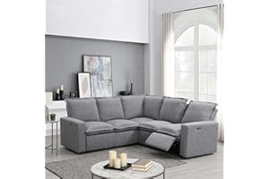 P PURLOVE Power Recliner Sofa Chair, L-Shaped Couch with USB Port, Home Theater Seating Soft Chair, Modern Linen Sofa Couch for Living Room, Bedroom, Theater Room (Grey)