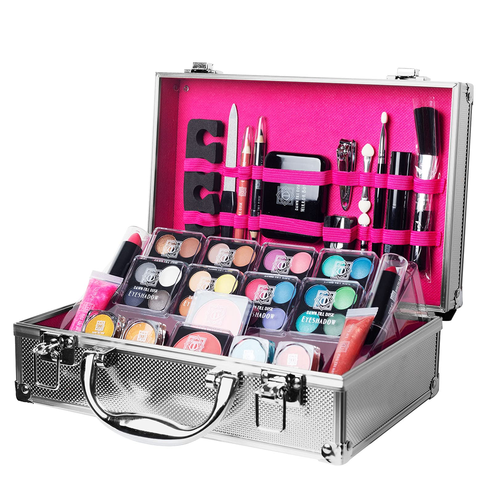 Dawn Till Dusk 54 Pieces Makeup Set with Travel Vanity Box by Envie, Includes Eyeshadow Palette, Lip Gloss, Lipsticks, Manicure Set, Makeup Brushes, Compact Mirror and Much More - (Silver)