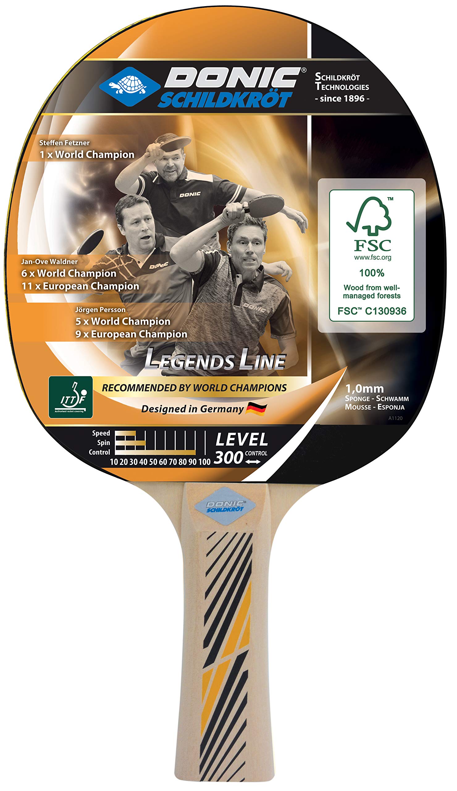 Donic-Schildkröt Legends 300 FSC Table Tennis Bat, 1.0 mm Sponge, FSC Wood, Jade - ITTF Rubber, 705234