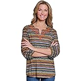 MULTIPLES Womens Clothing | Three Quarters Sleeve Notch Neck Embroidery Top | Dressy & Casual Clothing for Women