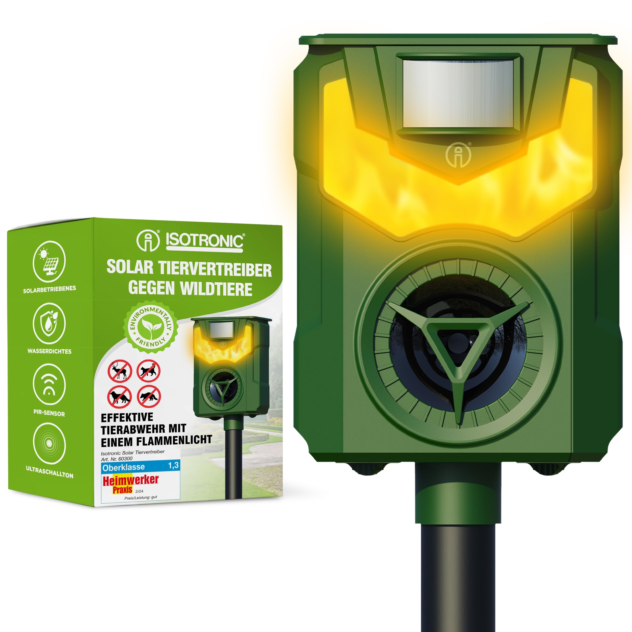 ISOTRONIC Solar Animal Repeller with Frequency + Flame Light, Against Wild Animals such as Raccoons, Deer, Foxes, Wild Boars, Effective Animal Repellent