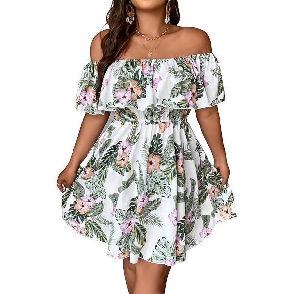 Verdusa Women's Plus Size Tropical Off The Shoulder Dress - Layered Flowy Vacation Dress For Summer & Beach - View #12