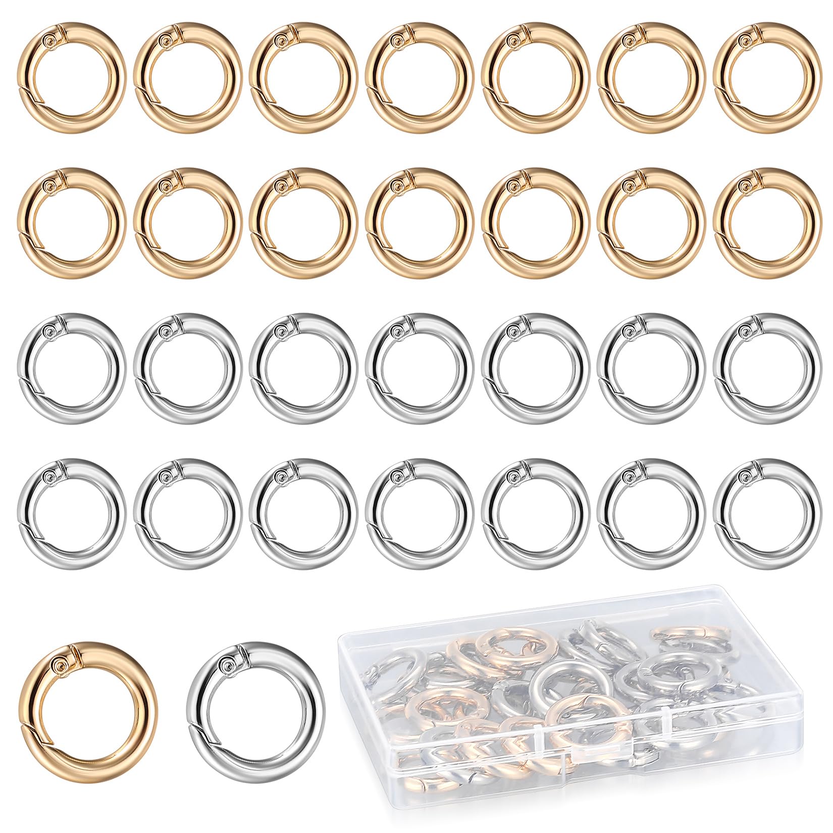 30 Pcs Metal O Rings, Round Spring Clip Clasps, Keyrings, Carabiner Snap Trigger Buckle Clips for Bag Purse Handbag Craft Making, Gold+Silver