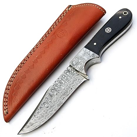 PAL 2000 SGMN-9387 handgemachtes Damaststahlmesser Büffelhorngriff 23cm mit Lederscheide | Koch | Camping | Küche | Damaststa
