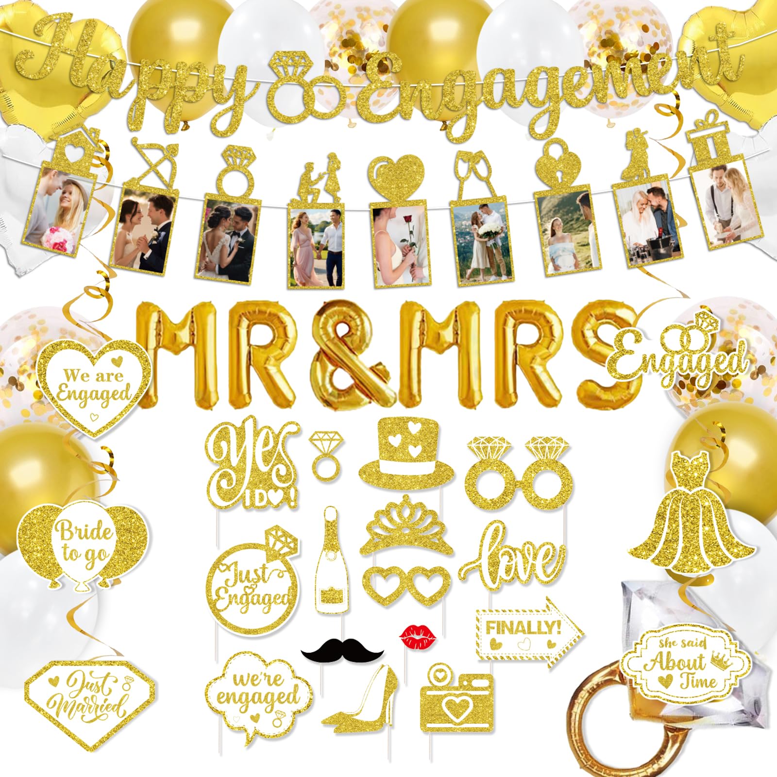 Photo 1 of Gold Engagement Party Decorations Glitter happy Engaged Banner, MR and MRS Balloons, Hanging Swirl,balloons, Ring Balloons for Wedding Engagement Party Decor