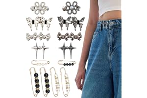 Chanaco Pant Waist Tightener, 14Pcs Jean Buttons Pins for Loose Jeans, Adjustable Bow Waist Cincher Clip, Metal Star Brooch for Clothing Decoration No Sew Pants Clips to Tighten Waist