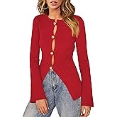 YUNLORIA Womens 2026 Spring Slim Fitted Sweater Golden Button Split Tops Trendy Long Sleeve Open Front Knit Cardigan