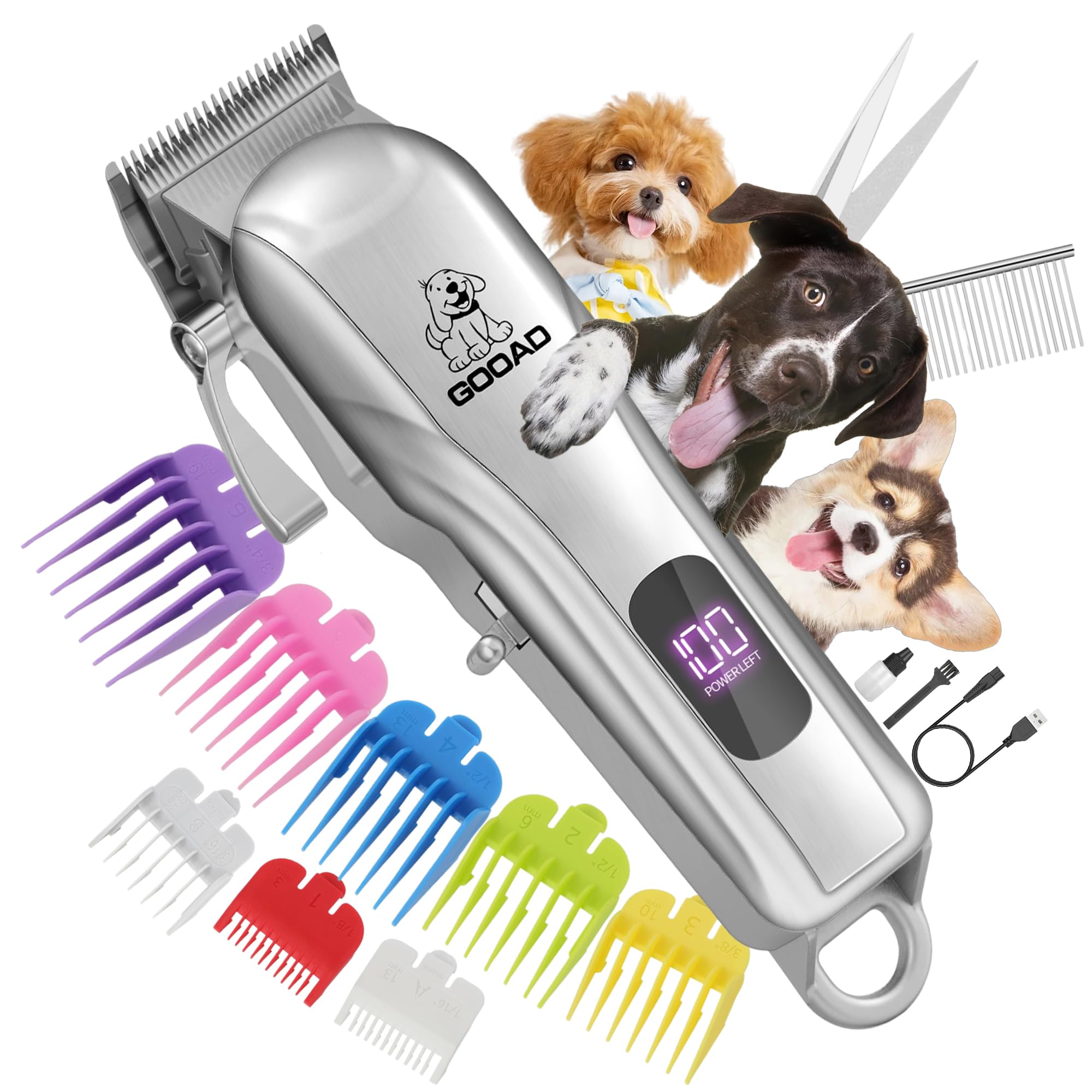 Gooad Dog Clippers for Grooming, Cordless,Low Noise, Electric Quiet,Rechargeable, Pet Hair Clippers for Thick Coats, Dog Trimmer Grooming Kit, Shaver for Small and Large Dogs Cats,Silver