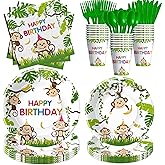 HIPVVILD Monkey Birthday Decorations Tableware, Wild Jungle Animal Monkey Theme Party Supplies for Birthday Baby Shower, Paper Plate, Cup, Napkin, Cutlery, Serves 24