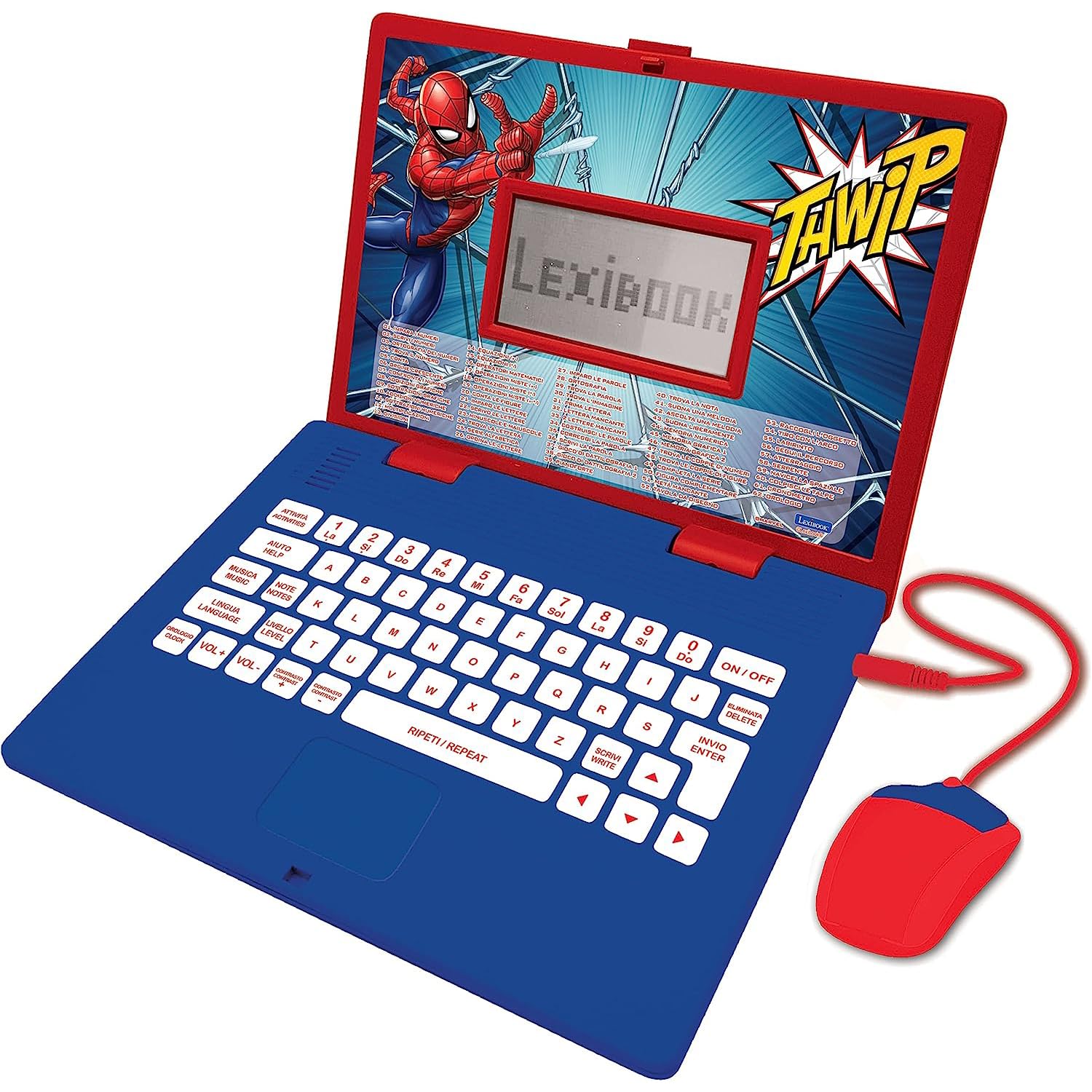 LEXIBOOK, Spider-Man, Educational and Bilingual Laptop Italian/English, Toy with 124 Activities to Learn, Play Games and Music, Blue/Red, JC598SPi5