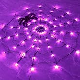 FUNPENY Halloween 80 LED Spider Web Lights with Spider, Battery Powered 8 Modes Light up Cobweb Halloween Decorations for Indoor Ourdoor Garden Yard Home Patio (Purple)