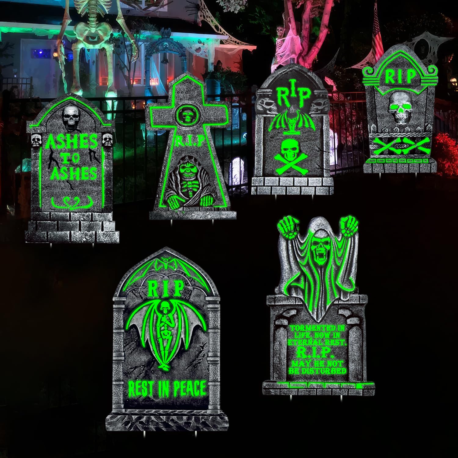 Photo 1 of 6 Pack Glowing in The Dark Halloween Tombstones Decoration for Graves, 16.5"x10" Large Outdoor Graveyard Decor Waterproof Plastic Grave Markers with 12 Stakes for Yard, Lawn Cemetery Displays?