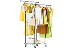 Double Rods Clothes Rack, Rolling Clothing Rack with Wheels, Metal Clothing Racks for Hanging Clothes, Portable Garment Rack 
