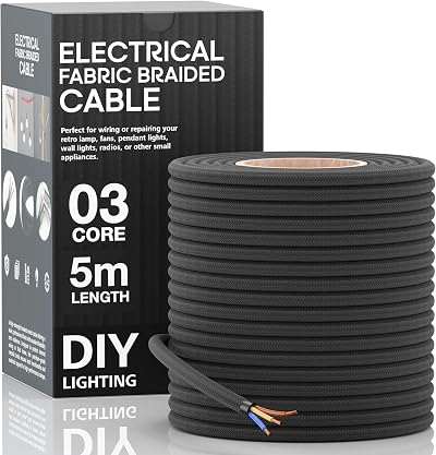 LEDSone 3 Core Round 5M Black Fabric Braided Flex Cable Wire for Lamps