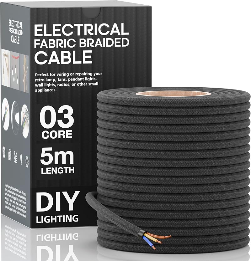 LEDSone 3 Core Round 5M Black Fabric Braided Flex Cable Wire for Lamps