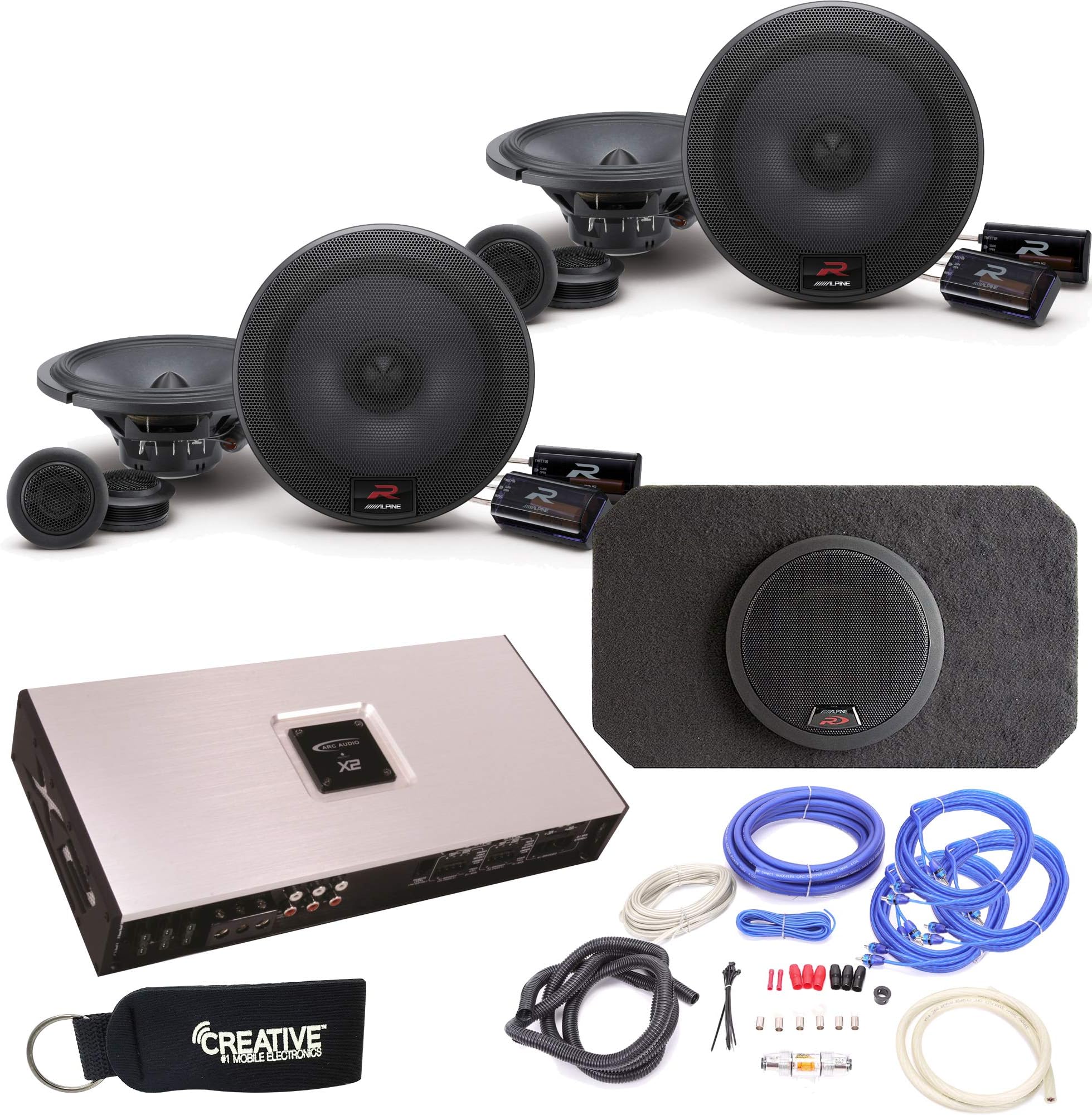 Alpine Type-R R-S65C 6.5" Components (2 Pair), SBR-S8-4 8" Subwoofer, Arc Audio X2-1200.6 6-Channel Amp & Wire kit