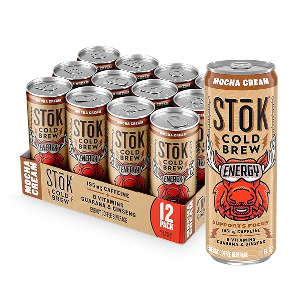STOK COLD BREW ENERGY MOCHA CREAM, ENERGY COFFEE BEVERAGE WITH 195MG CAFFEINE TO HELP SUPPORT FOCUS, CANNED COFFEE WITH B-VITAMINS, GUARANA AND GINSENG, 11 FL OZ, 12PK