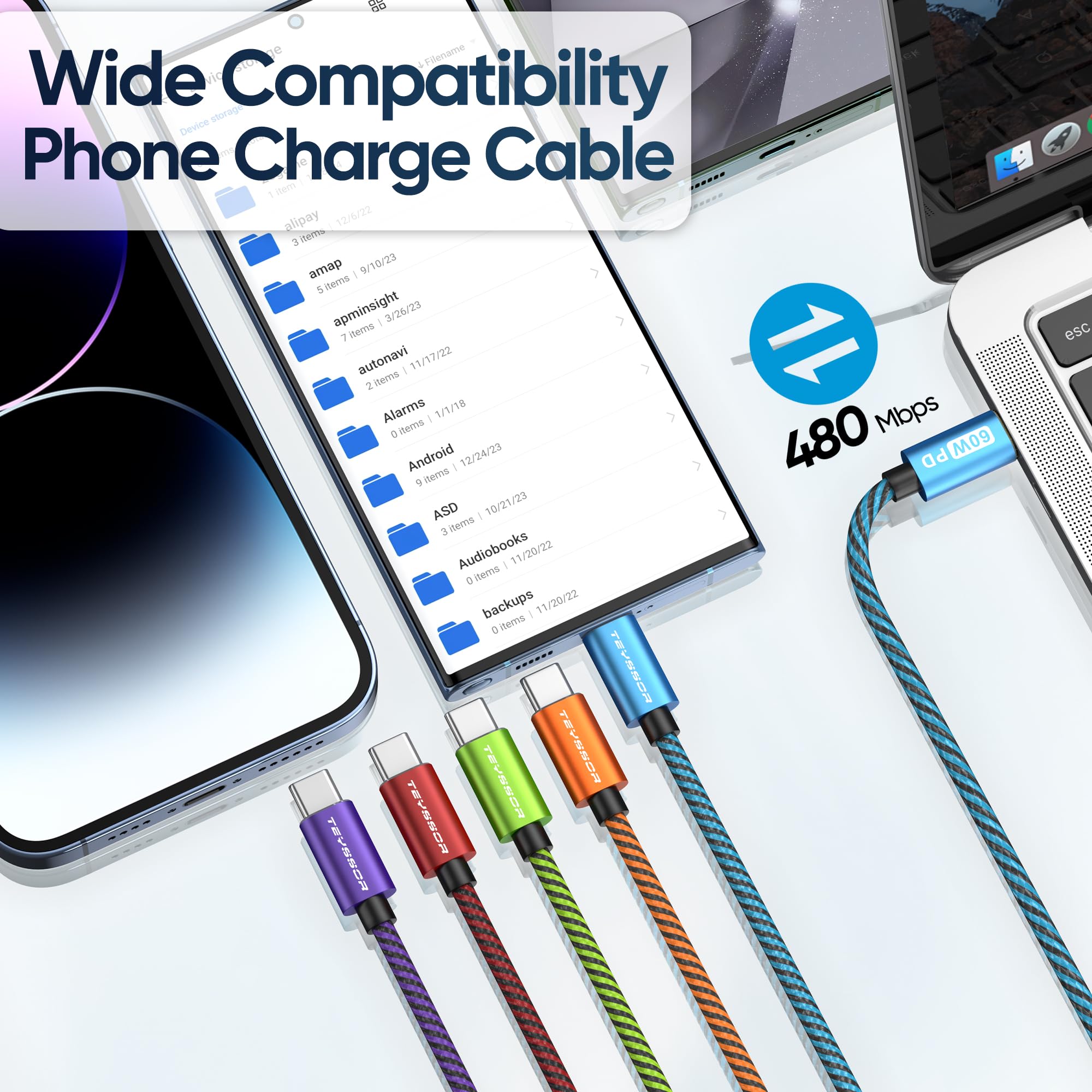 Teyssor 10FT 5-Pack USB C to USB C Cables, 60W Fast Charging, Compatible with Samsung S23/S22/S21, MacBook, Google Pixel, Smartphone, Tablet, Laptop