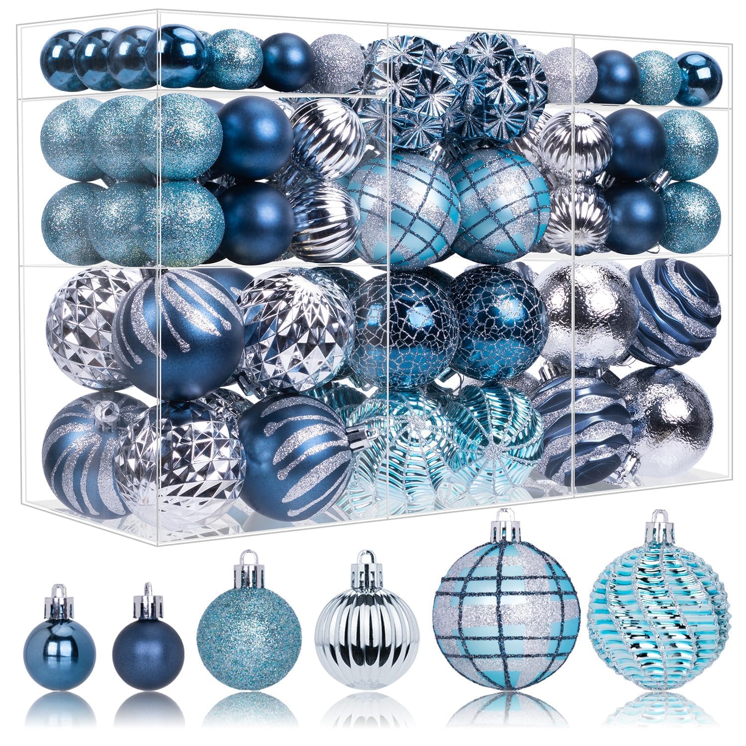 Photo 1 of 100ct Christmas Ball Ornaments Set, Blue and Silver Shatterproof Hand-Painted Hanging Baubles Decoration Bulk for Xmas Tree, Wreath, Garland, Home Holiday Decor