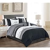 Chezmoi Collection Napa 7-Piece Luxury Leaves Scroll Embroidery Bedding Comforter Set (Queen, Black/Gray/White)