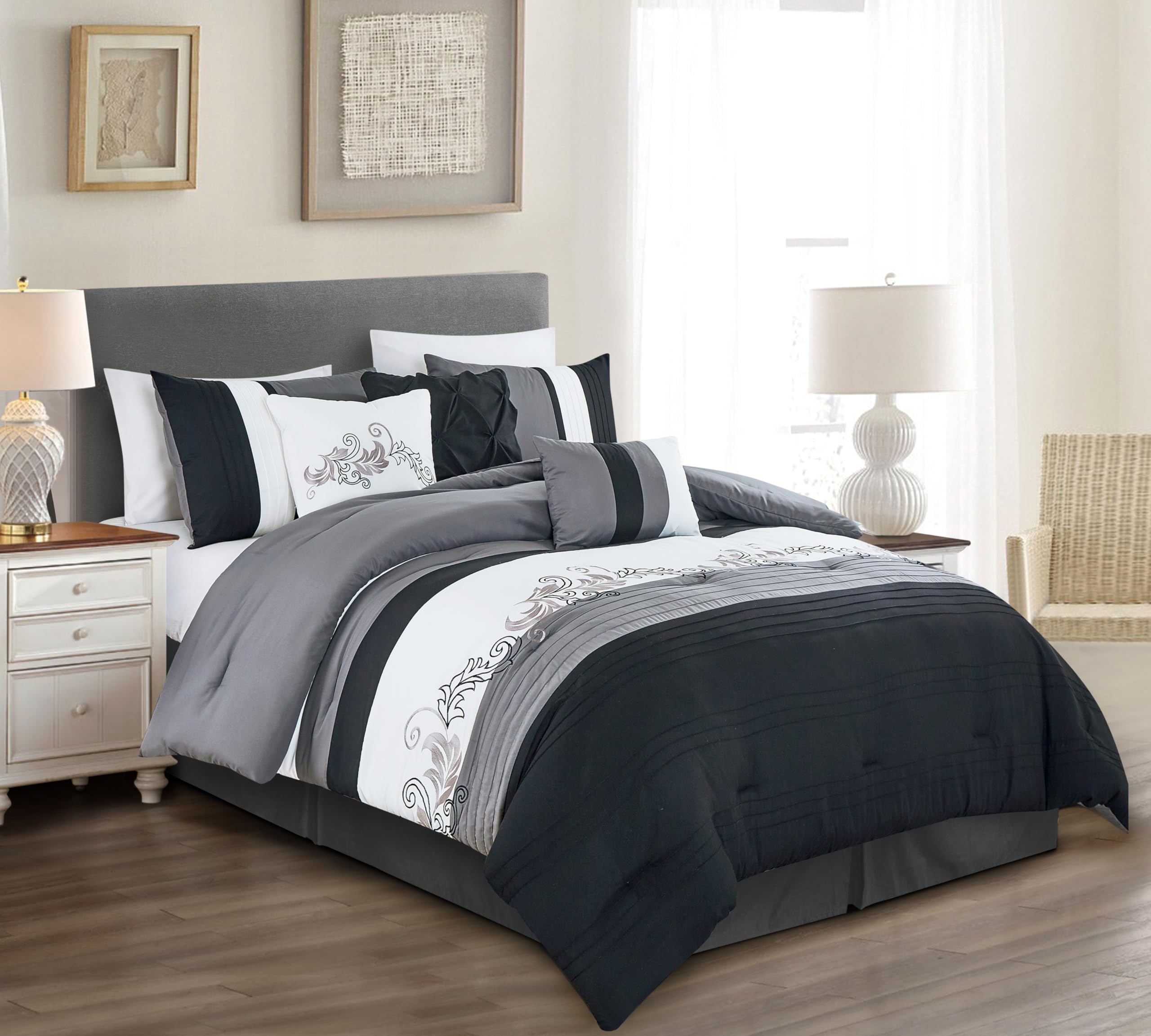 Photo 1 of **MISSIING COMFORTER** TChezmoi Collection Napa 7-Piece Luxury Leaves Scroll Embroidery Bedding Comforter Set (Full, Black/Gray/White)