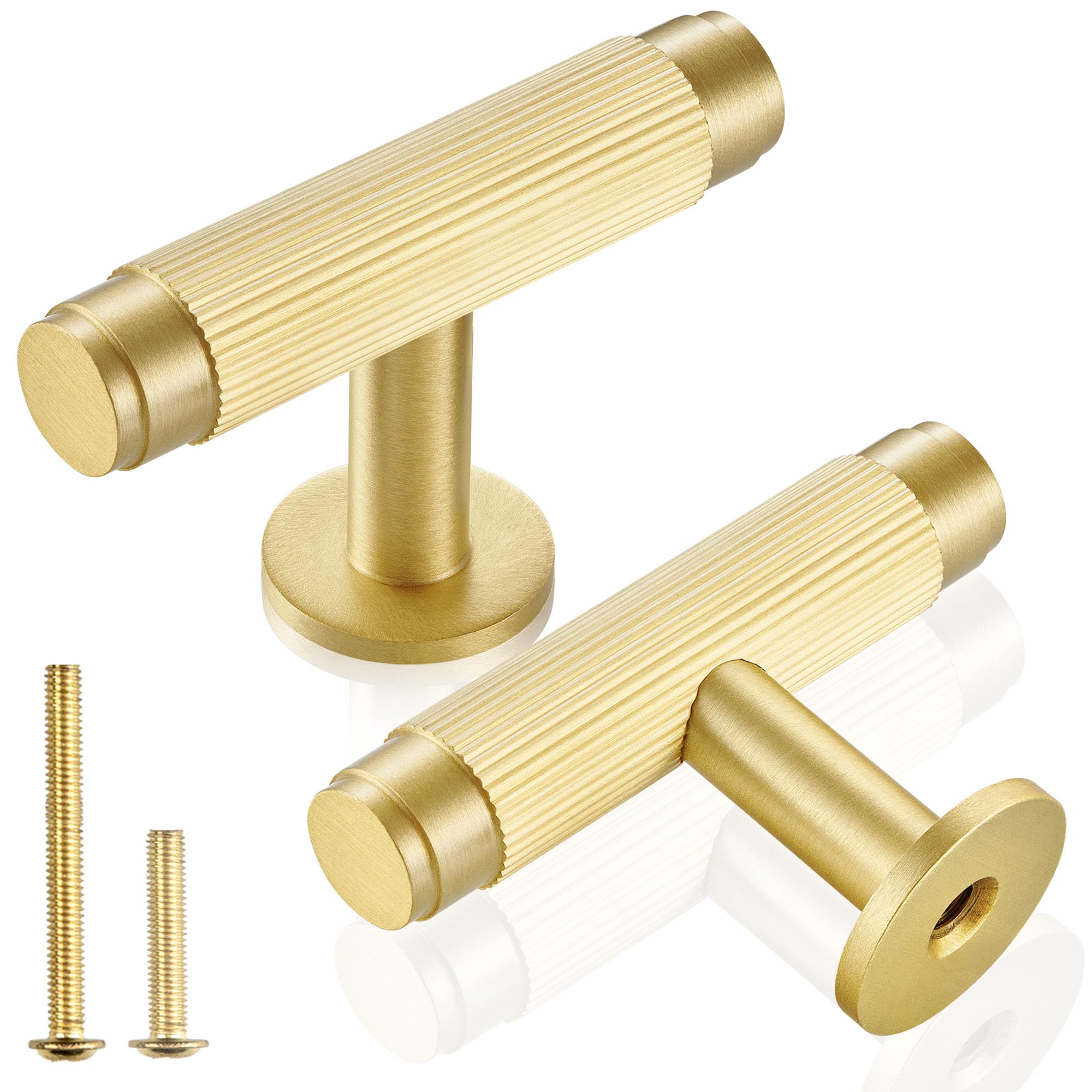 Photo 1 of QOGRISUN 5-Pack Solid Brass Cabinet Knobs, Grooved Gold T Bar Pulls, Single Hole Handles for Kitchen Drawer Dresser Cupboard, 2.1-Inch Total Length, Brushed Brass Finish – Eleganza