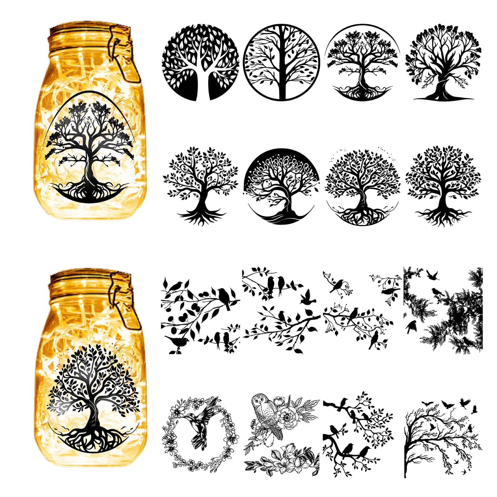 CREATCABIN 16Pcs Tree of Life Silhouettes Mason Jar Decor Birds Lantern Laser Cutouts Ornaments Scrapbook Embellishment for Frosted Glass Wall Windows Cars DIY Craft Xmas Black 3.9x3.5Inch(No Sticker)