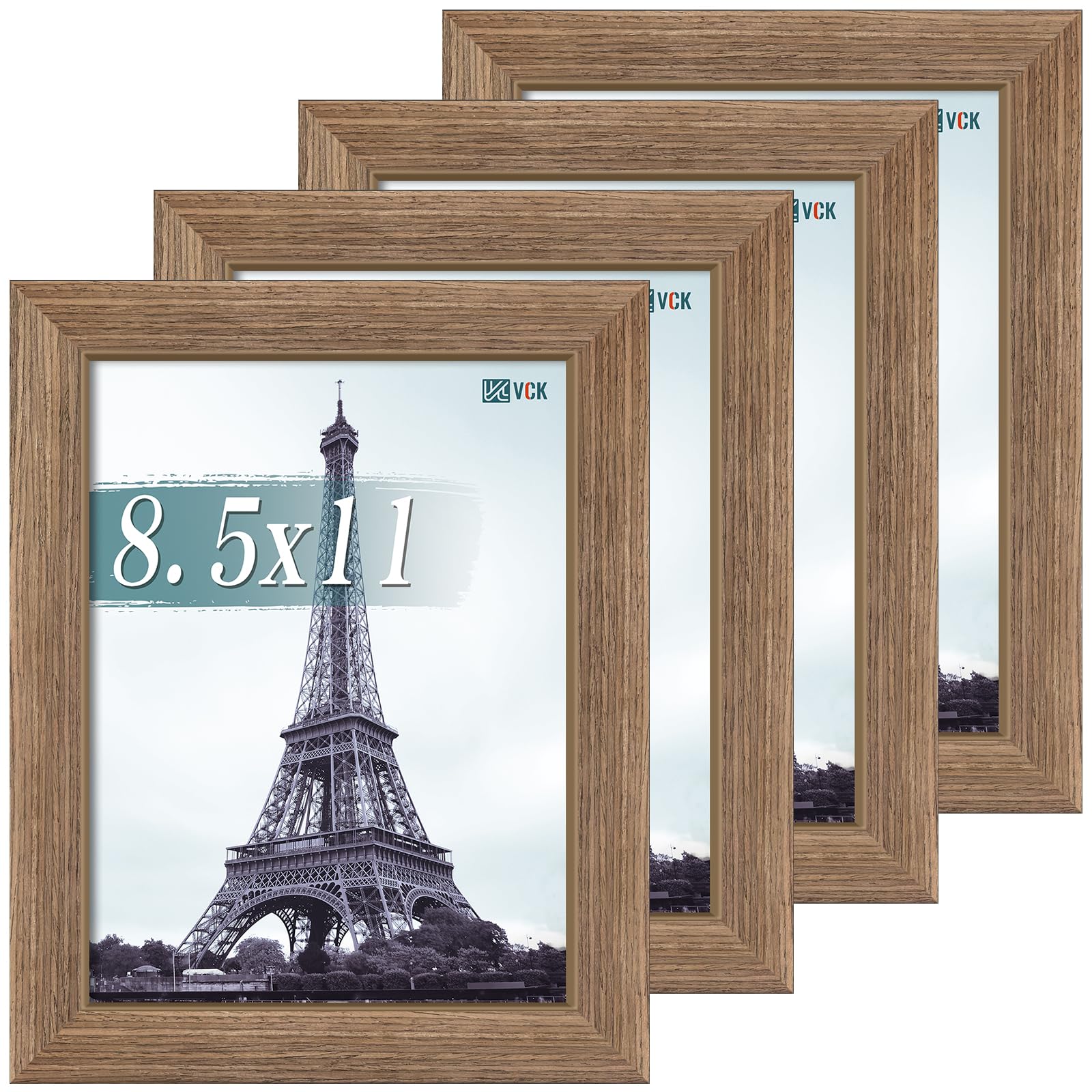 VCK 8.5x11 Picture Frame Set of 4 - Walnut, Gallery-Quality Wood Poster Frames, 1.1-Inch Wide Border, Polished Plexiglass, Vertical or Horizontal Wall & Tabletop Display for Photo/Art/Prints, Walnut
