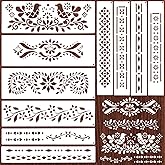 10Pcs Border Stencils for Painting on Wood, Resuable Lace Talavera Stencils for Crafts, Cake Stencil Mexican Floral Stencil for Furniture Wood Wall Canvas Floor
