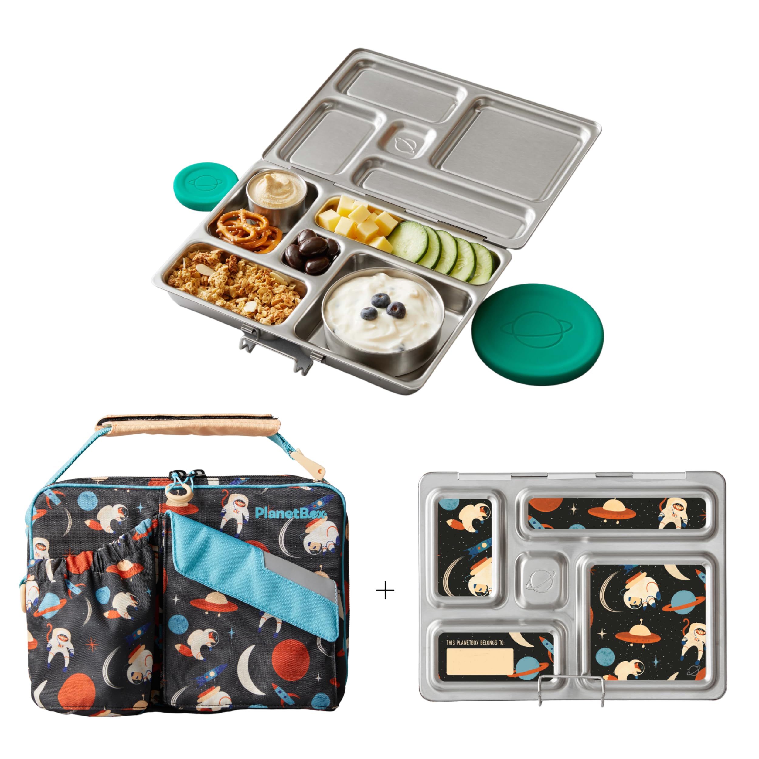 Photo 1 of PlanetBox Rover Stainless Steel Bento Lunch Box with 5 Compartments, Space Animals Carry Bag and Magnets