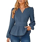Simplee Womens Blouses Long Sleeve Peplum Boho Tops Fall Dressy Casual V Neck Swiss Dot Babydoll Tops Fashion Shirts