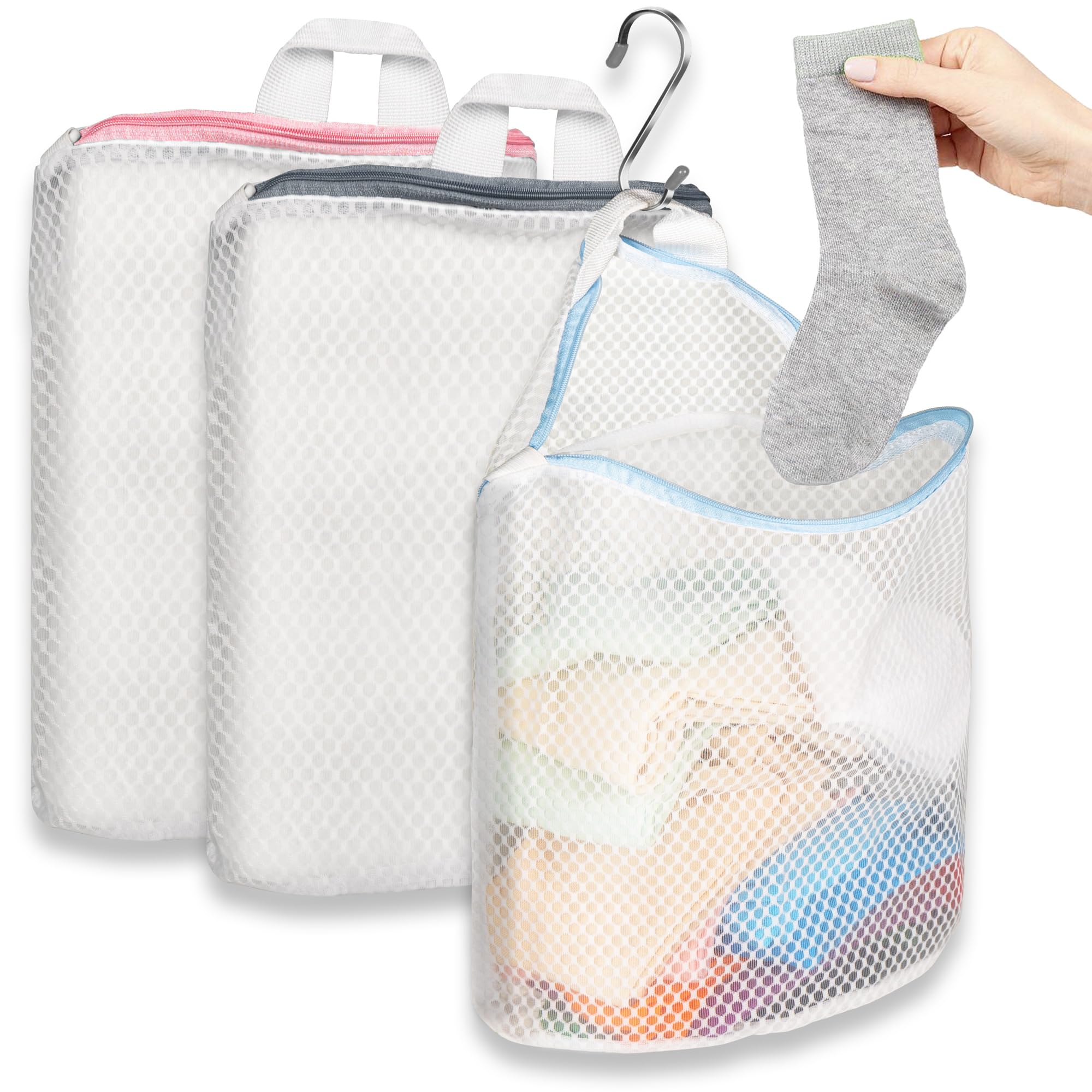 Photo 1 of 3Pcs Hanging Laundry Bags for Socks with S Hooks, 12 X 10 inch 3 Color Mesh Laundry Bags for Washing Machine