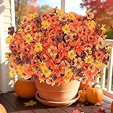 Luiywan Artificial Outdoor Fall Flowers, Fake Fall Plants UV Resistant for Outside Decoration, Faux Mums Stems Bulk for Front Door Porch Patio Yard Balcony, Autumn Harvest Decor, 32pcs
