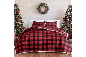 Flysheep Christmas Quilt Set 2 Pieces Twin Size, Red Plaid Xmas Holiday Design Reversible Bedspread Coverlet Set, Soft Microfiber Lightweight Bed Cover for Kids (68" x 86", 1 Quilt+ 1 Pillow Sham)