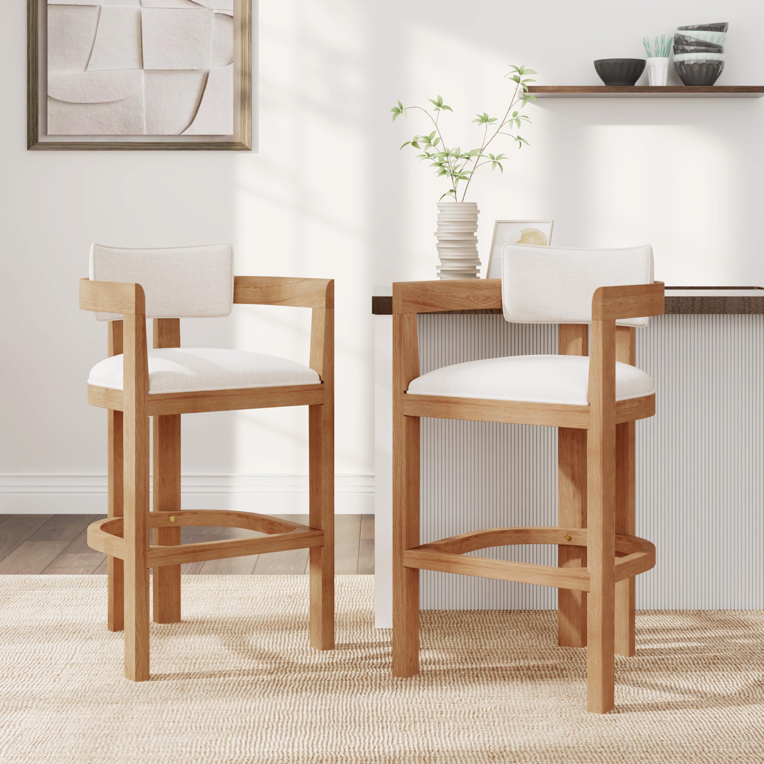 Photo 1 of **FOR PARTS ONLY/ 1 CHAIR FULLY FUNCTIONAL** Christopher Knight Home Falcon Bar Stools Set of 2, Fabric Round Backrest Counter Height Barstool for Kitchen Island, Wooden Dining Room Chair, Bar Table Counter Stool with Footrest, Natural+Beige