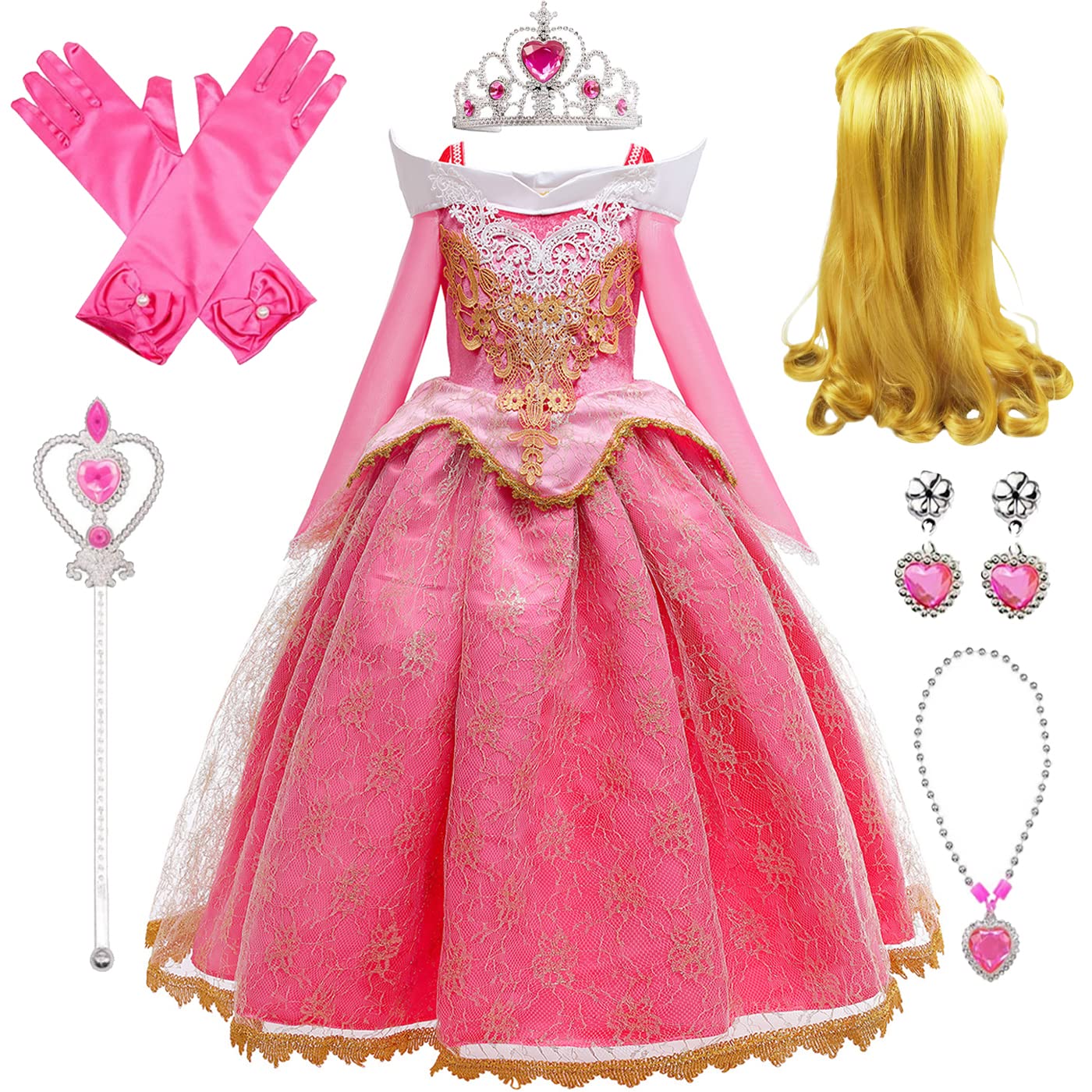Emin Girls Aurora Princess Costume with Accessories and Wig Kids Sleeping Beauty Dress Party Fancy Dress Birthday Christmas Halloween Carnival Cosplay Dress up