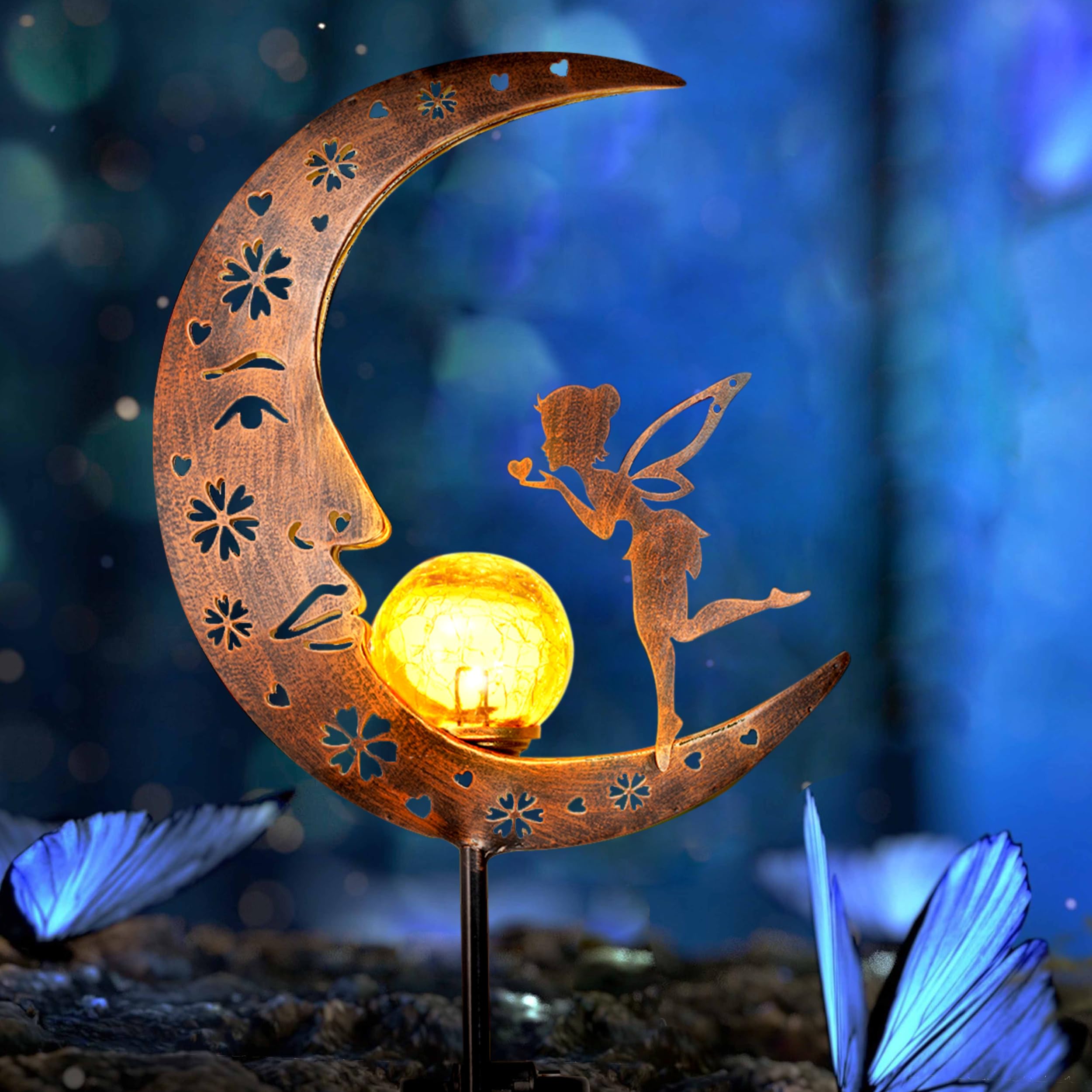 TERESA'S COLLECTIONS 100CM High Moon Solar Lights Outdoor Garden, Metal Lovely Flying Kiss Fairy on Moon Warm LED Garden Light with Crackle Glass Ball for Lawn, Path & Pot, Gifts for Women