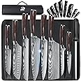 Dfito Chef Knife Sets with Roll Bag, 9 Pieces Professional Knife Set, High Carbon Stainless Steel Kitchen Chef Knife Set, Red Pakkawood Handle, Dishwasher Safe