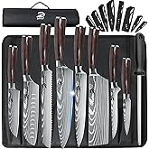 Dfito Chef Knife Sets with Roll Bag, 9 Pieces Professional Knife Set, High Carbon Stainless Steel Kitchen Chef Knife Set, Red Pakkawood Handle, Dishwasher Safe