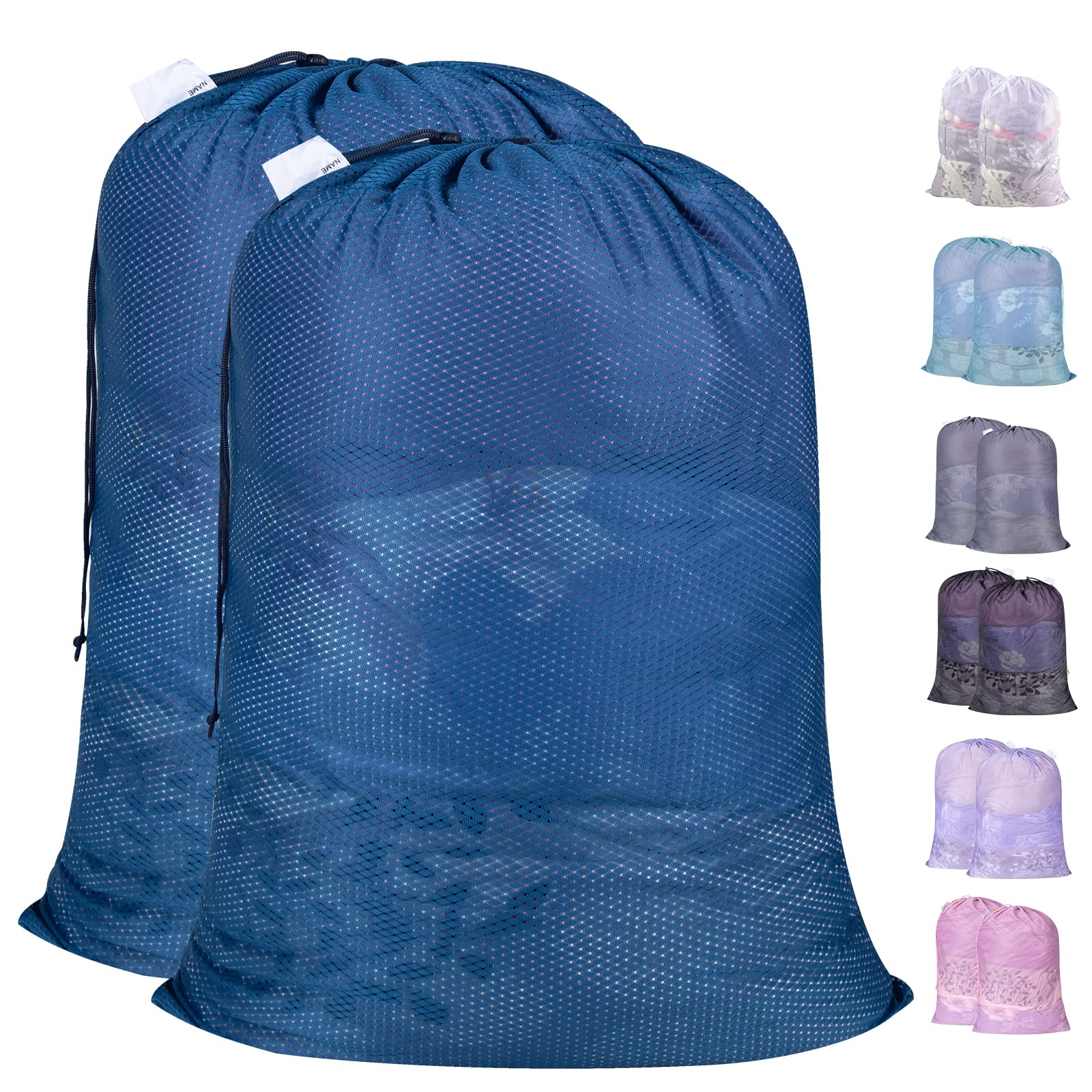Extra Large Heavy Duty Lead-Free Diamond Mesh Laundry Bags with ID Tag - 2 Pack 27.5 x 35.5 inches, Durable Laundry Liner, Drawstring Bags, Machine Washable Bag for College, Apartment Dweller - Blue